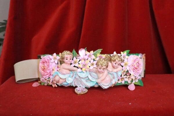 SOLD! 8156 Baroque Vintage Hand Painted Cherubs Angels Embellished Waist Gold Belt Size S, L, M - Image 7