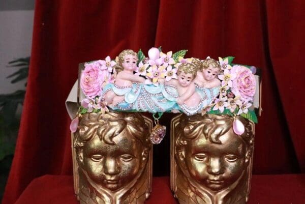 SOLD! 8156 Baroque Vintage Hand Painted Cherubs Angels Embellished Waist Gold Belt Size S, L, M - Image 9