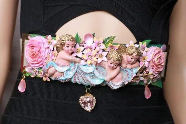 SOLD! 8156 Baroque Vintage Hand Painted Cherubs Angels Embellished Waist Gold Belt Size S, L, M