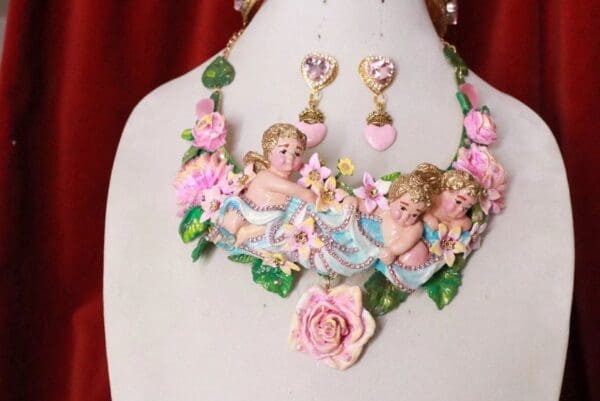 SOLD! 8157 Set Of Hand Painted 3D Effect Rococo Cherubs Angels Looking Down Statement Necklace+ Earrings - Image 2