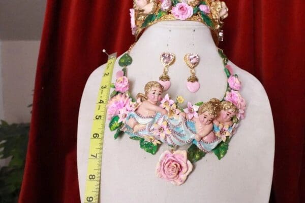 SOLD! 8157 Set Of Hand Painted 3D Effect Rococo Cherubs Angels Looking Down Statement Necklace+ Earrings - Image 7