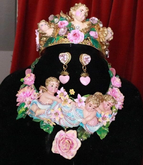 SOLD! 8157 Set Of Hand Painted 3D Effect Rococo Cherubs Angels Looking Down Statement Necklace+ Earrings - Image 4