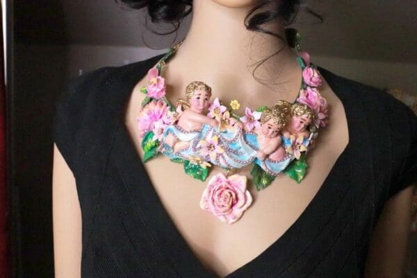 SOLD! 8157 Set Of Hand Painted 3D Effect Rococo Cherubs Angels Looking Down Statement Necklace+ Earrings - Image 9