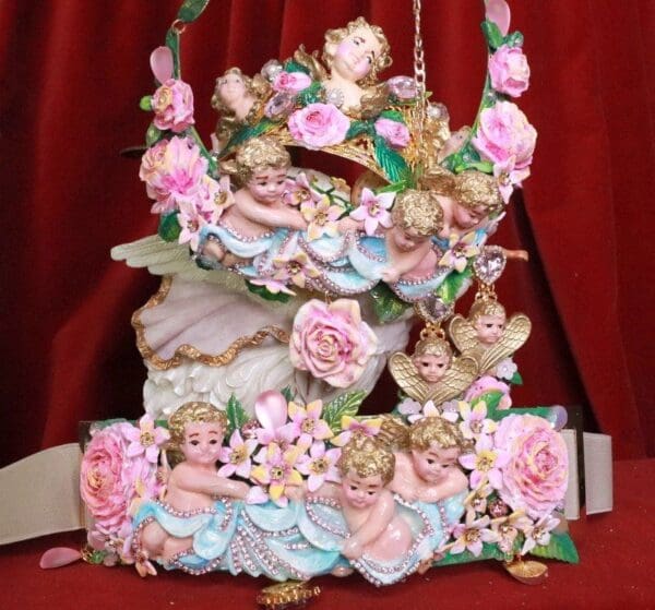 SOLD! 8157 Set Of Hand Painted 3D Effect Rococo Cherubs Angels Looking Down Statement Necklace+ Earrings - Image 3