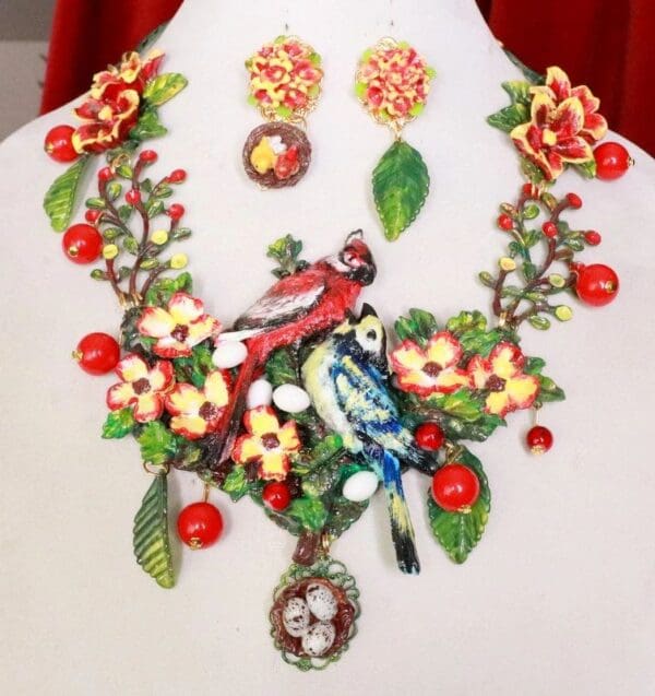 SOLD! 8158 Set Of Hand Painted 3D Effect Art Jewelry Birds Blue Jay Cardinal Necklace+ Earrings - Image 3