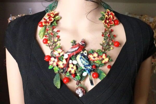 SOLD! 8158 Set Of Hand Painted 3D Effect Art Jewelry Birds Blue Jay Cardinal Necklace+ Earrings