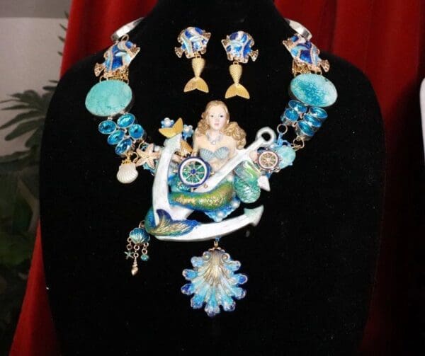 SOLD! 8159 Set Of Nautical Mermaid Genuine Chrysocolla Topaz Necklace+ Earrings