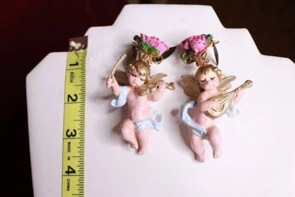 SOLD! 8160 Musical Baroque Hand Painted Vivid Blue Cherubs Earrings Studs - Image 2