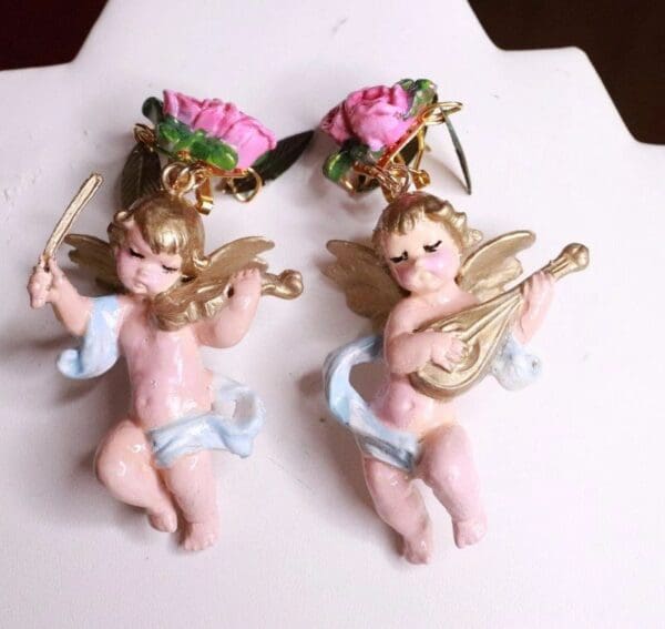SOLD! 8160 Musical Baroque Hand Painted Vivid Blue Cherubs Earrings Studs - Image 3