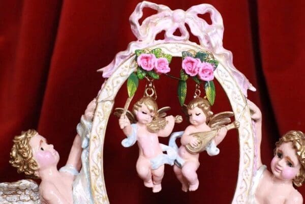 SOLD! 8160 Musical Baroque Hand Painted Vivid Blue Cherubs Earrings Studs