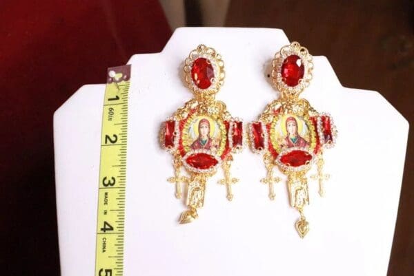 SOLD! 8168 Church Virgin Mary Red Cameo Studs Dangle Earrings - Image 5