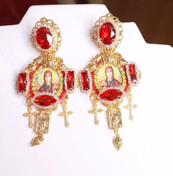 SOLD! 8168 Church Virgin Mary Red Cameo Studs Dangle Earrings - Image 3
