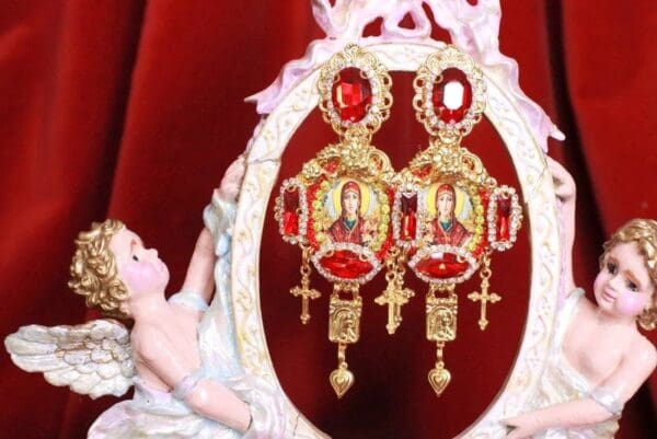 SOLD! 8168 Church Virgin Mary Red Cameo Studs Dangle Earrings