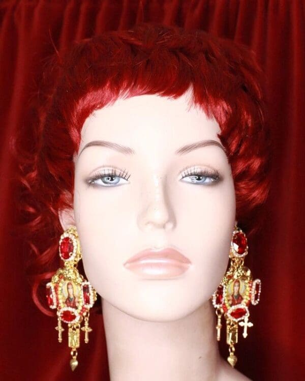 SOLD! 8168 Church Virgin Mary Red Cameo Studs Dangle Earrings - Image 7