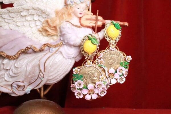 SOLD! 8170 Baroque Runway Lemon Flower Blossom Roman Coin Studs Earrings - Image 2