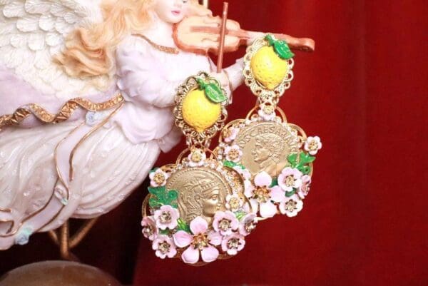 SOLD! 8170 Baroque Runway Lemon Flower Blossom Roman Coin Studs Earrings