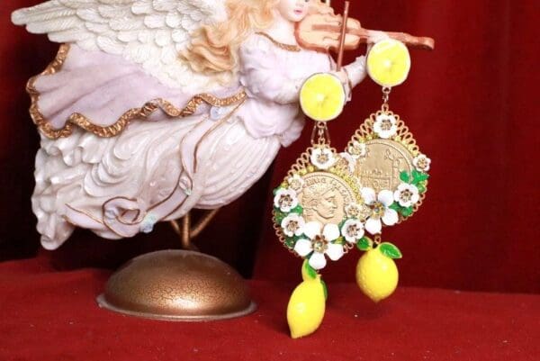 SOLD! 8171 Baroque Runway Lemon Flower Blossom Roman Coin Long Studs Earrings