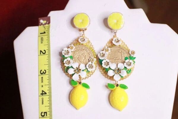 SOLD! 8171 Baroque Runway Lemon Flower Blossom Roman Coin Long Studs Earrings - Image 6
