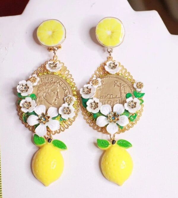 SOLD! 8171 Baroque Runway Lemon Flower Blossom Roman Coin Long Studs Earrings - Image 3