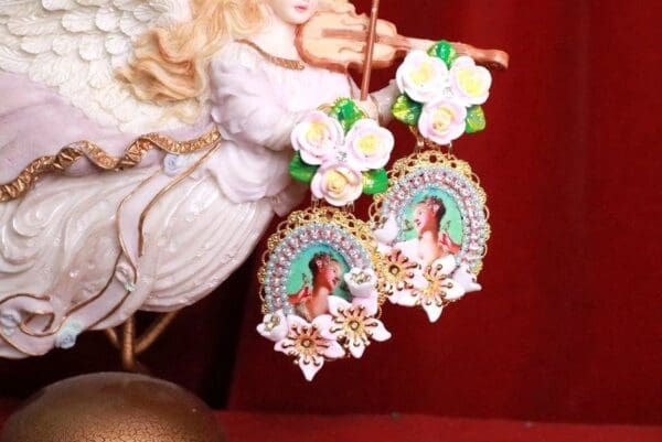 SOLD! 8175 Young Marie Antoinette Aqua Bird Roses Cameo Elegant Earrings - Image 2