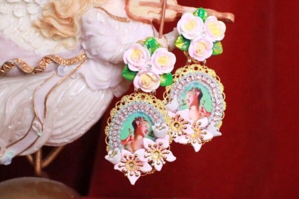 SOLD! 8175 Young Marie Antoinette Aqua Bird Roses Cameo Elegant Earrings