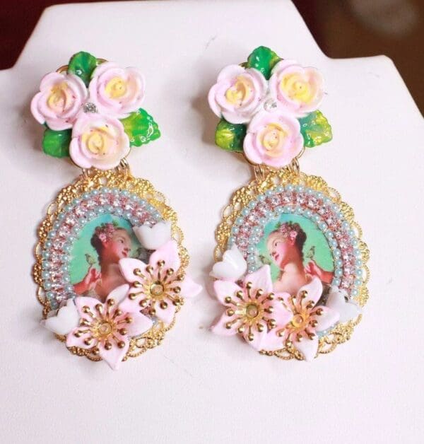 SOLD! 8175 Young Marie Antoinette Aqua Bird Roses Cameo Elegant Earrings - Image 3