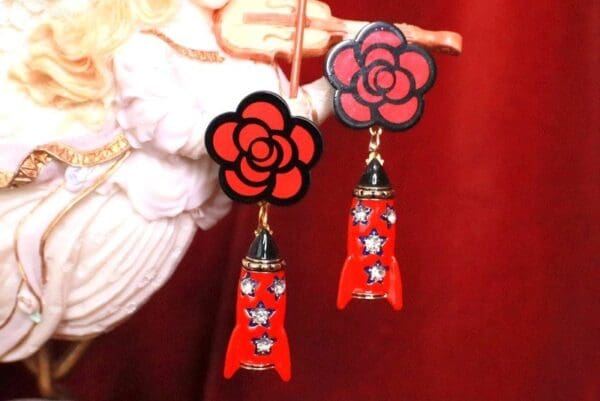 SOLD! 8181 Madame Coco Camellia Enamel Rocket Studs Earrings - Image 2