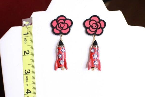 SOLD! 8181 Madame Coco Camellia Enamel Rocket Studs Earrings - Image 3