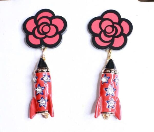 SOLD! 8181 Madame Coco Camellia Enamel Rocket Studs Earrings