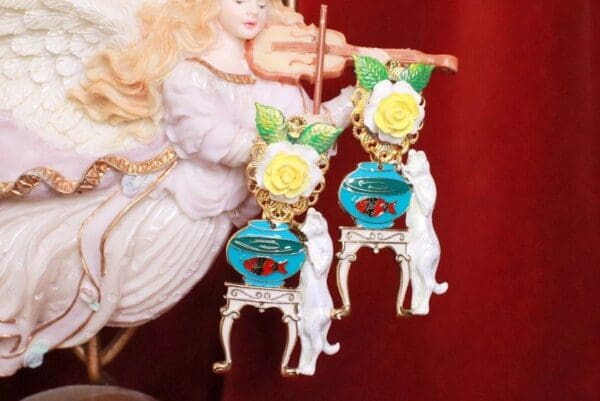 SOLD! 8184 Runway Baroque Cat Aquarium Roses Adorable Earrings