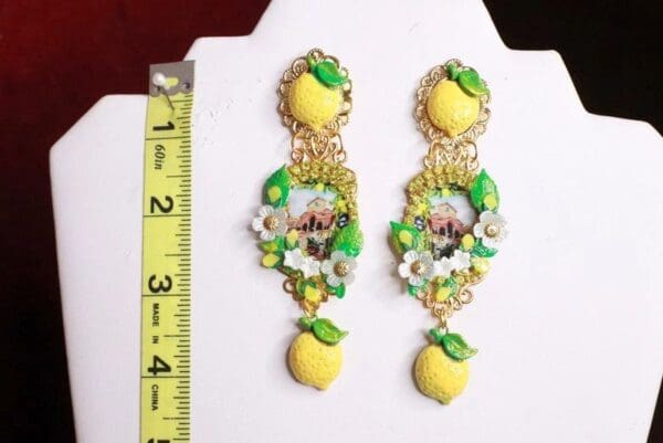 SOLD! 8199 Italian Taormina Cameo Enamel Bee Lemon Fruit Studs Earrings - Image 5