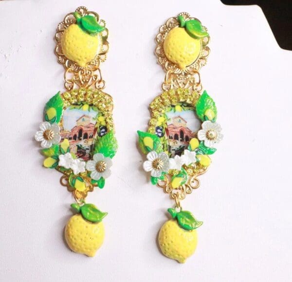 SOLD! 8199 Italian Taormina Cameo Enamel Bee Lemon Fruit Studs Earrings