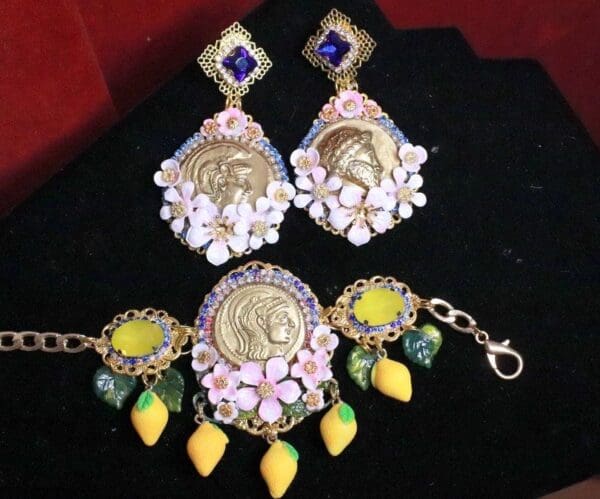 SOLD! 6529 Set Of Baroque Hand Painted Roman Coin Lemon Fruit Adjustable Bracelet+ Earrings - Image 2
