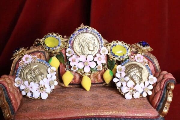 SOLD! 6529 Set Of Baroque Hand Painted Roman Coin Lemon Fruit Adjustable Bracelet+ Earrings