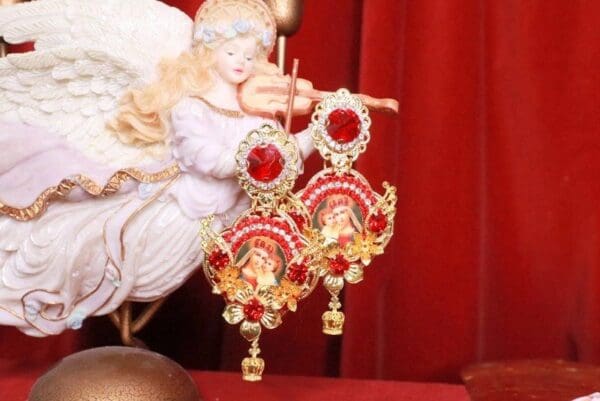 SOLD! 8207 Church Virgin Mary Madonna And a Child Red Cameo Studs Dangle Earrings - Image 4