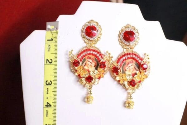 SOLD! 8207 Church Virgin Mary Madonna And a Child Red Cameo Studs Dangle Earrings - Image 5