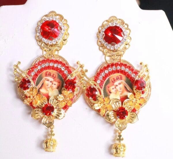 SOLD! 8207 Church Virgin Mary Madonna And a Child Red Cameo Studs Dangle Earrings - Image 6