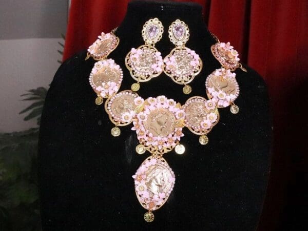 SOLD! 8212 Set Of Roman Revival Coin Flower Blossom Necklace+ Earrings - Image 4