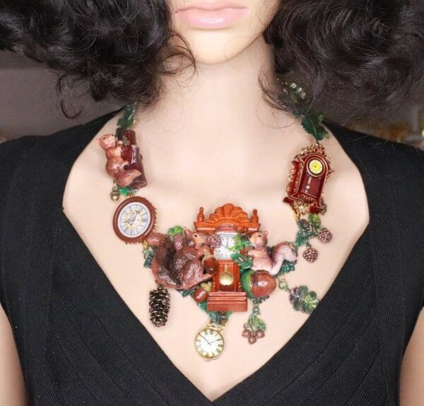 SOLD! 8218 Set Of Art Jewelry 3D Effect Squirrel Clock Oak Necklace+ Earrings - Image 8