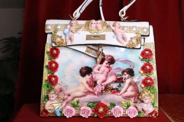 SOLD! 8219 Baroque Hand Painted Vivid Musical Cherubs Angels Roses Embellished Tote Crossbody Handbag