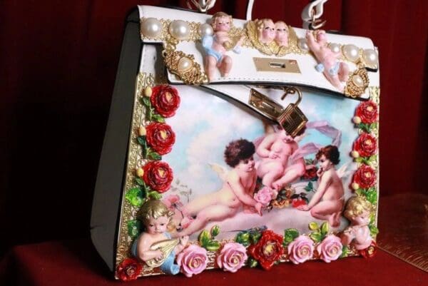 SOLD! 8219 Baroque Hand Painted Vivid Musical Cherubs Angels Roses Embellished Tote Crossbody Handbag - Image 2
