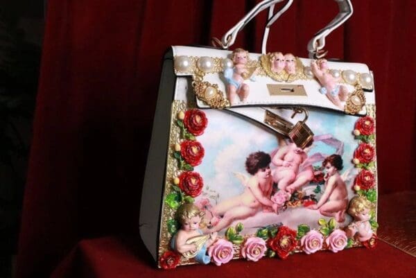 SOLD! 8219 Baroque Hand Painted Vivid Musical Cherubs Angels Roses Embellished Tote Crossbody Handbag - Image 3