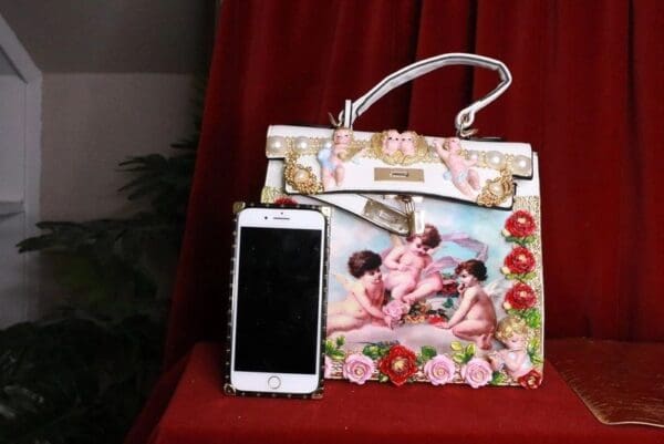 SOLD! 8219 Baroque Hand Painted Vivid Musical Cherubs Angels Roses Embellished Tote Crossbody Handbag - Image 7