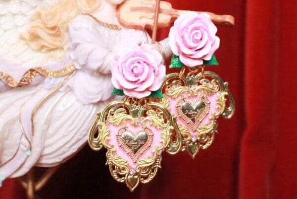 SOLD! 8233 Baroque Sacred Heart Rose Pink Earrings Studs