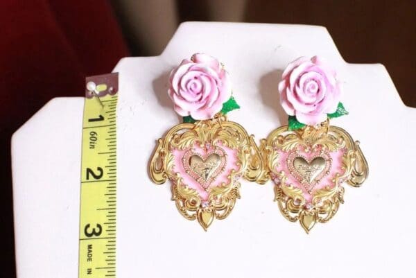 SOLD! 8233 Baroque Sacred Heart Rose Pink Earrings Studs - Image 7