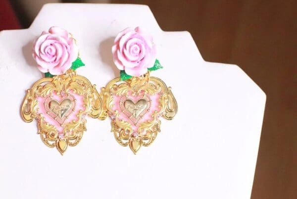 SOLD! 8233 Baroque Sacred Heart Rose Pink Earrings Studs - Image 3