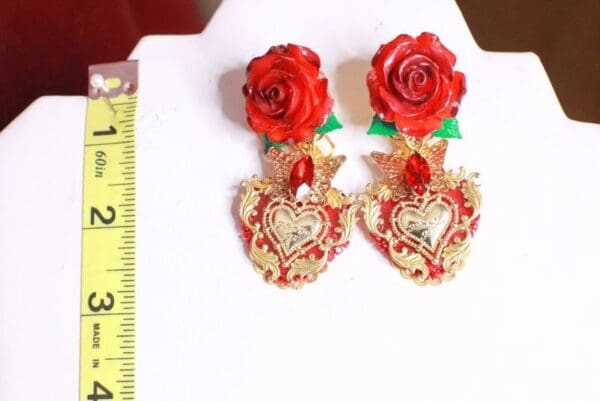 SOLD! 8236 Baroque Sacred Heart Rose Red Earrings Studs - Image 6