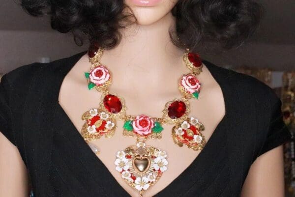 SOLD! 8237 Set Of Baroque Sacred Heart Red Roses Statement Necklace+ Earrings - Image 8
