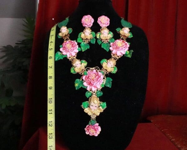 SOLD! 8240 Set Of Baroque Sleeping Cherubs Angels Peony Hand Painted Necklace+ Earrings - Image 7