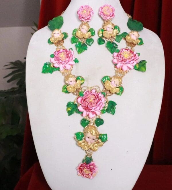 SOLD! 8240 Set Of Baroque Sleeping Cherubs Angels Peony Hand Painted Necklace+ Earrings